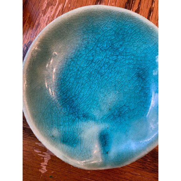 Handmade Katie King Pottery Spoon Rest Blue/Teal Crackle Glaze 4.5" Diameter - Picture 5 of 5